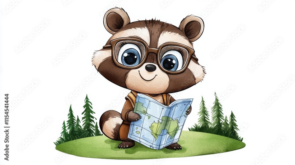 Fototapeta premium Curious Cartoon Raccoon Reading Map in Green Forest Landscape