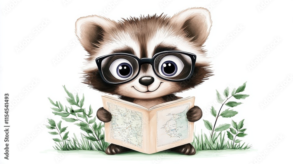 Fototapeta premium Adorable Cartoon Raccoon Reading a Book in the Forest