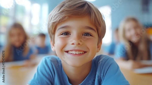 Happy smiling boy in classroom.