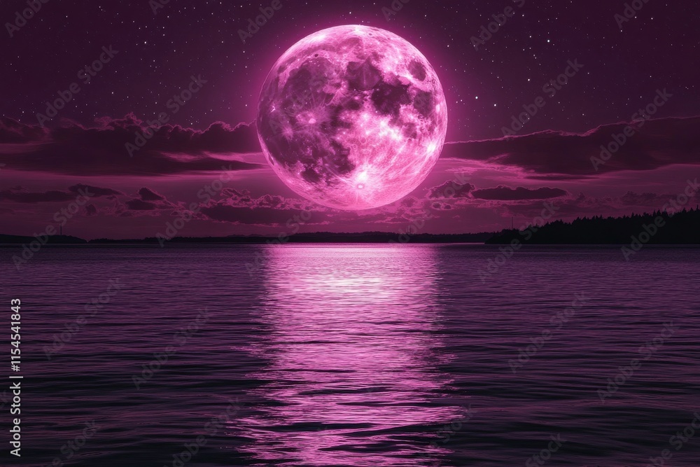 A large pink moon is reflected in the water of a lake A large pink moon is reflected in the water of a lake