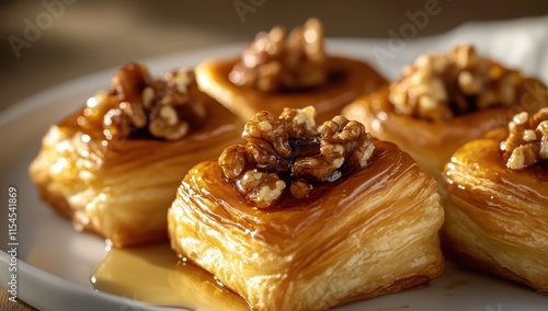 Golden puff pastries, topped with honey and walnuts photo