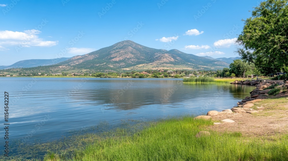 Serene Lake View with Mountain Landscape Under Clear Blue Sky Serene Lake View with Mountain Landscape Under Clear Blue Sky