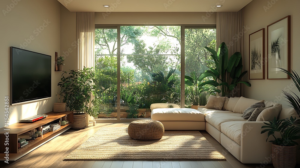 Fototapeta premium Modern living room with a view. Concept of relaxation, comfort, and nature.