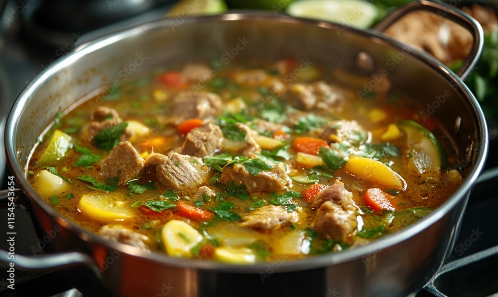 A pot of savory stew filled with meat, vegetables, and herbs simmering on the stove. A pot of savory stew filled with meat, vegetables, and herbs simmering on the stove.