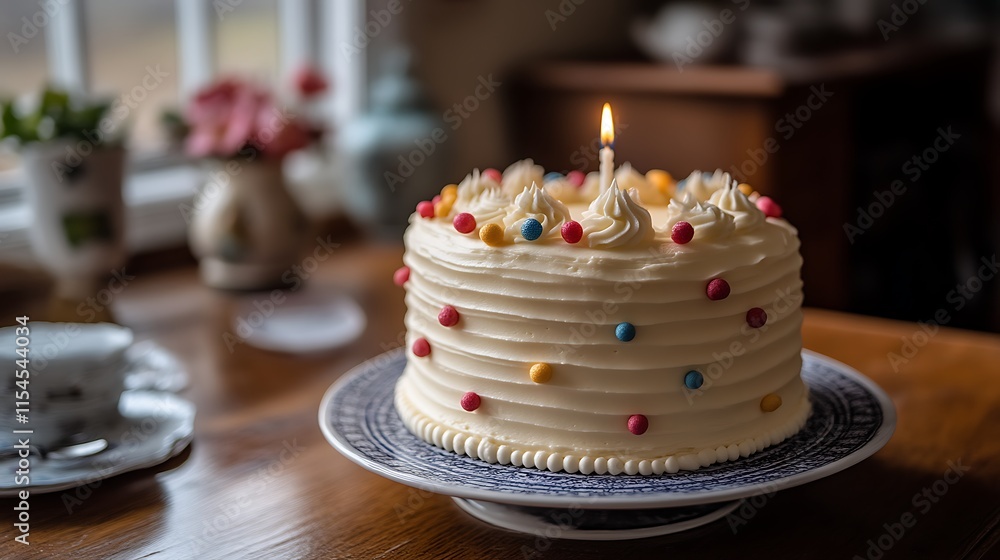 Single candle on a decorated birthday cake. Single candle on a decorated birthday cake.