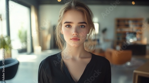 A portrait of a young woman in a modern  stylish interior setting.