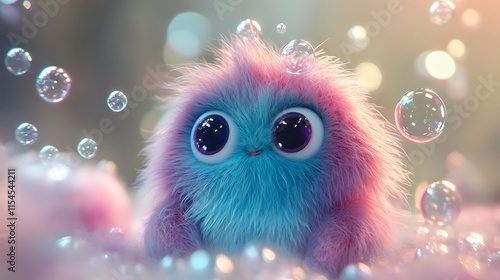 Adorable Fluffy Creature in a Dreamy Bubble Bath A whimsical digital artwork featuring a charming fluffy creature surrounded by iridescent bubbles