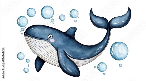 Cute Cartoon Whale Swimming Underwater in the Ocean with Bubbles photo