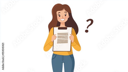 Smiling Woman Standing with a Clipboard and Question Mark Symbol Illustration