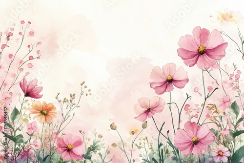 A watercolor painting of a field of flowers with a pink background