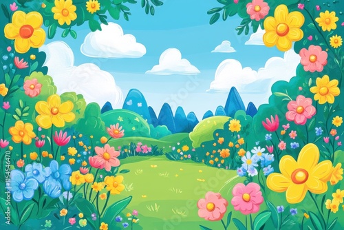 A colorful field with a blue sky and mountains in the background