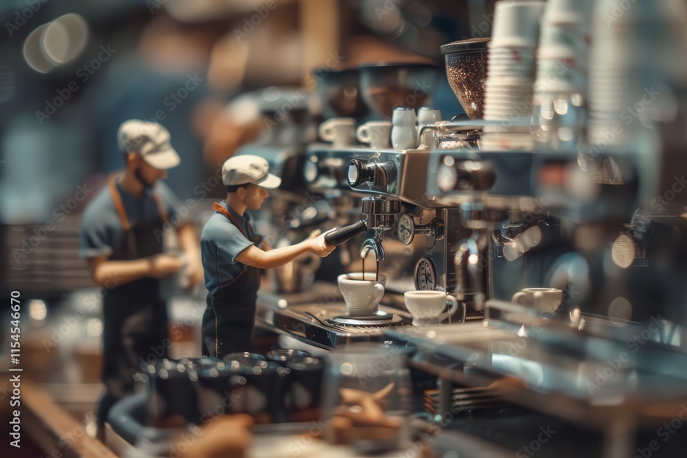 A miniature coffee shop scene with baristas preparing drinks and serving customers. A miniature coffee shop scene with baristas preparing drinks and serving customers.