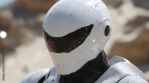 Futuristic white robot helmet close-up. photo