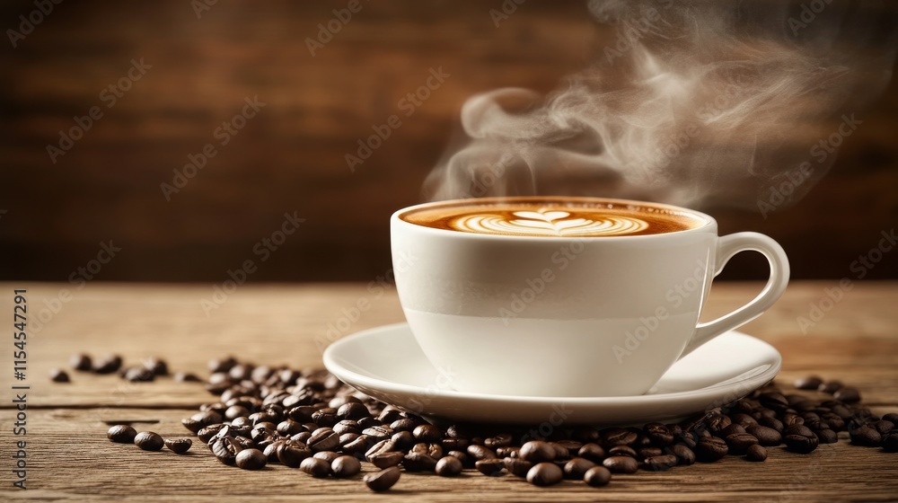 A Hot Cup of Coffee with Steam Rising Amidst Roasted Coffee Beans on a Rustic Wooden Table, Perfect for Cozy Mornings and Inspirational Coffee Moments A Hot Cup of Coffee with Steam Rising Amidst Roasted Coffee Beans on a Rustic Wooden Table, Perfect for Cozy Mornings and Inspirational Coffee Moments