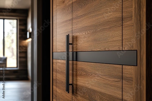 Close-up of a wooden sliding closet door with two Luxury panels, featuring sleek metal handles. The rich wood grain texture adds depth and character. photo