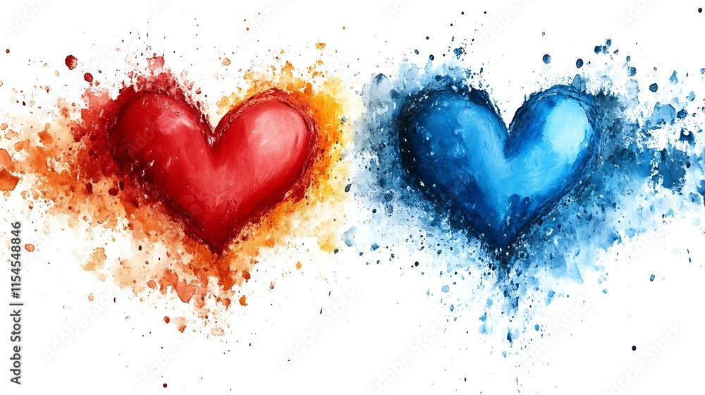 Two watercolor hearts, red and blue, with splatters. Two watercolor hearts, red and blue, with splatters.