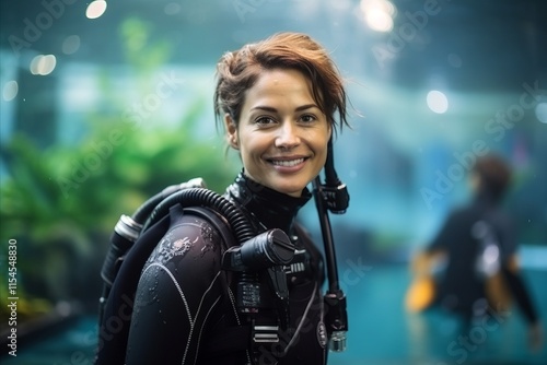 Portrait of a young woman wearing scuba gear in an aquarium photo