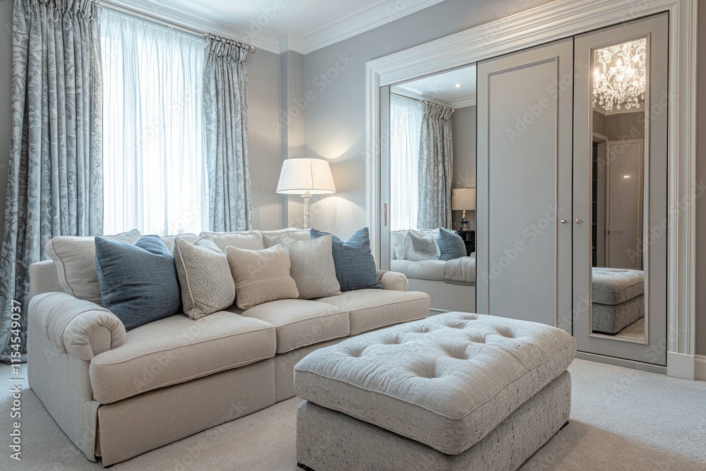 Comfortable living room featuring a cozy gray sofa and ottoman, complemented by a wardrobe with mirror doors for added . Comfortable living room featuring a cozy gray sofa and ottoman, complemented by a wardrobe with mirror doors for added .