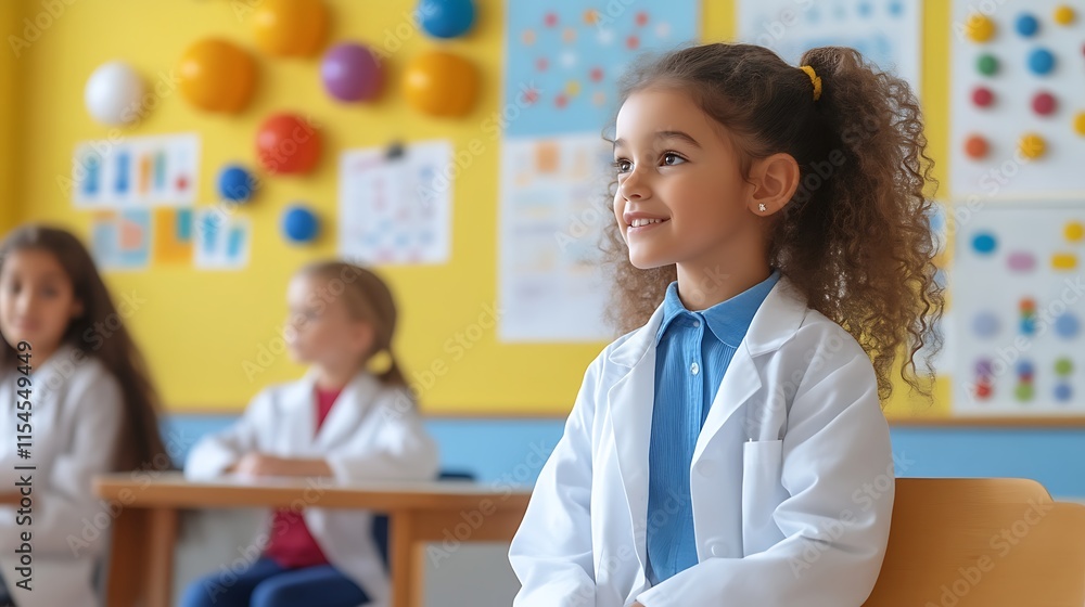 Fototapeta premium Girl in lab coat in classroom, attentive.