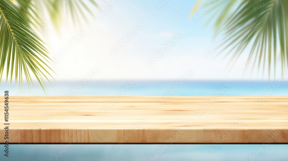 Tropical Wooden Tabletop with Blurred Seascape and Palm Leaves Background Tropical Wooden Tabletop with Blurred Seascape and Palm Leaves Background
