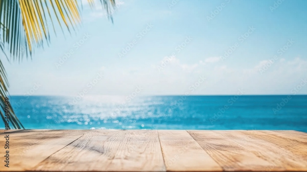 Fototapeta premium Serene Seascape with Wooden Table Against Clear Blue Water and Sky