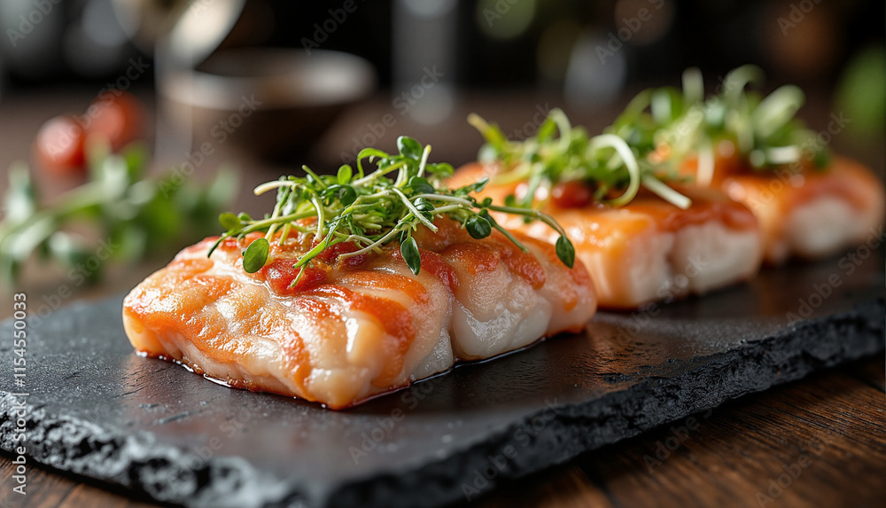 Freshly Caught Fish Gourmet Dish on Slate with Microgreens Highlighted by Focused Lighting Freshly Caught Fish Gourmet Dish on Slate with Microgreens Highlighted by Focused Lighting