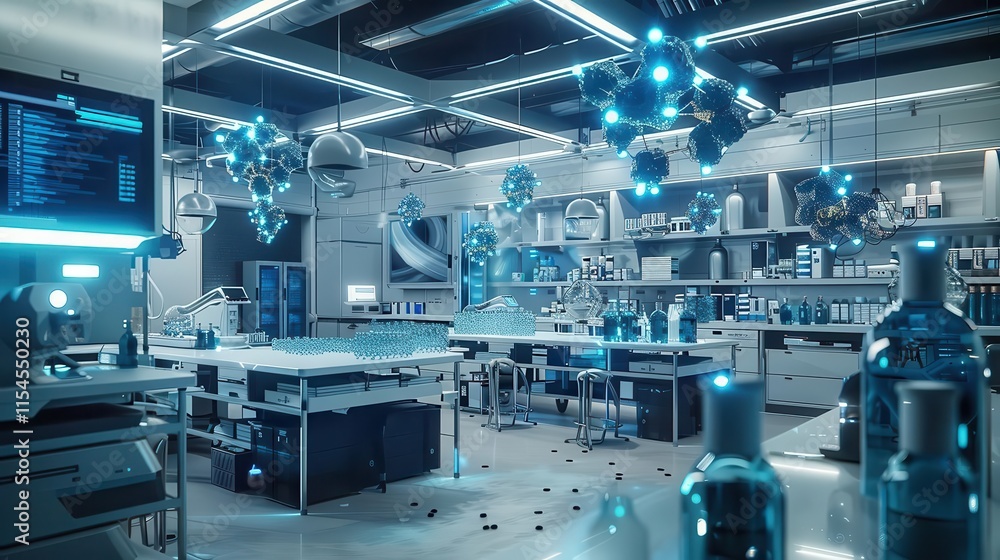 A modern laboratory filled with scientific equipment and glowing elements. A modern laboratory filled with scientific equipment and glowing elements.