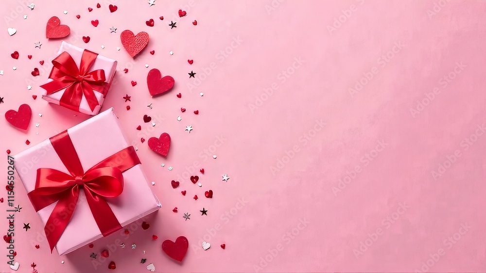 Happy Valentines Day banner design.Pink gift boxes in red ribbons on a red background. Happy Valentines Day banner design.Pink gift boxes in red ribbons on a red background.
