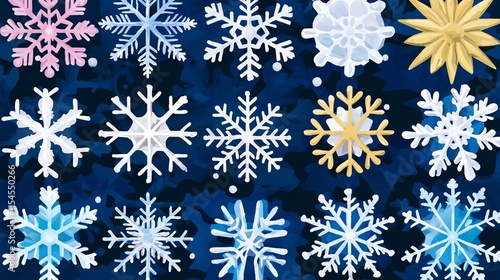 Colorful and Diverse Snowflakes on Dark Blue Background