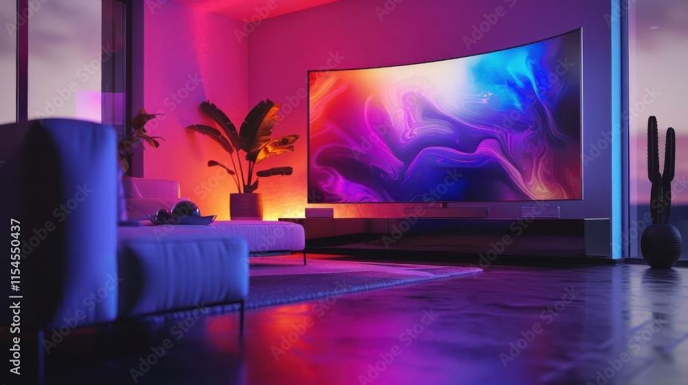 A modern living room with a curved TV, vibrant lighting, and tropical plants. A modern living room with a curved TV, vibrant lighting, and tropical plants.