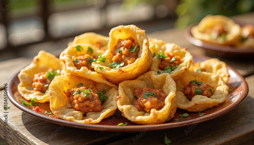 Colorful Crispy Pani Puri Display with Spicy Filling on Wooden Table, Outdoor Daylight Setup Colorful Crispy Pani Puri Display with Spicy Filling on Wooden Table, Outdoor Daylight Setup