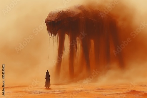 Giant sand creature looms over lone figure in desert. photo