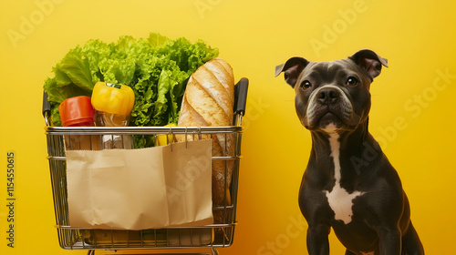 Dog shopping for groceries in a vibrant market colorful environment playful concept photo