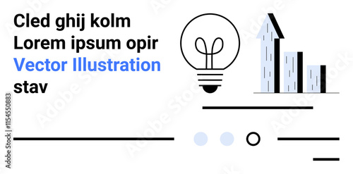 Light bulb, ascending bar graph, several text blocks, horizontal lines, and circular elements in minimalist, modern style. Ideal for business themes, presentations, growth strategies, innovation