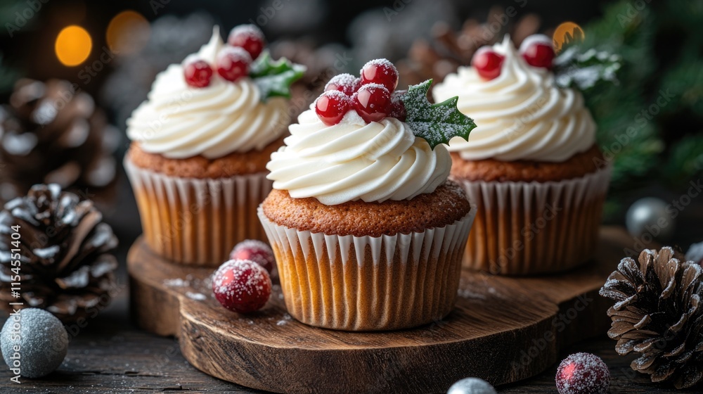Festive holiday cupcakes with creamy frosting and red berries. Merry Christmas. Happy New Year Festive holiday cupcakes with creamy frosting and red berries. Merry Christmas. Happy New Year