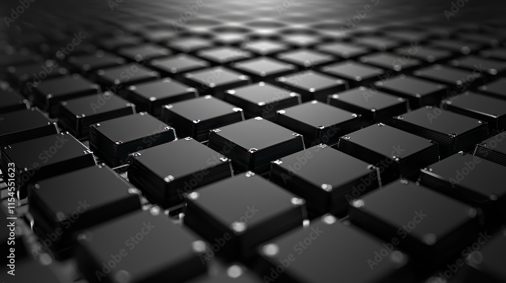 Data center floor with rows of server racks, illustrated in 3D with dark tones and isolated on a black background. Data center floor with rows of server racks, illustrated in 3D with dark tones and isolated on a black background.