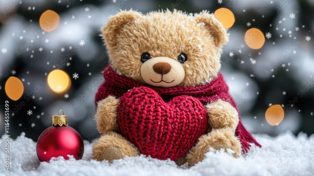Cozy teddy bear holding red heart in snowy winter wonderland with christmas ornaments. The 14th of February. Happy Valentine's Day Cozy teddy bear holding red heart in snowy winter wonderland with christmas ornaments. The 14th of February. Happy Valentine's Day
