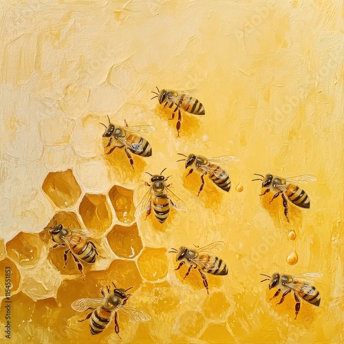 A painting of a group of bees in a honeycomb