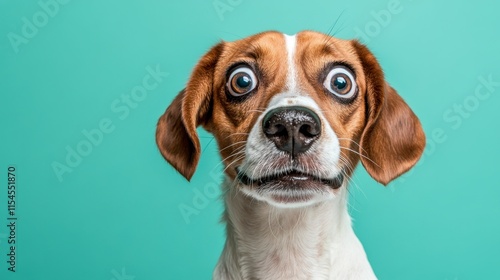 A startled beagle dog with wide eyes against a teal background. photo