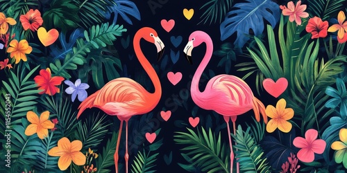 Two Flamingos in Love Amongst Tropical Flowers and Leaves
