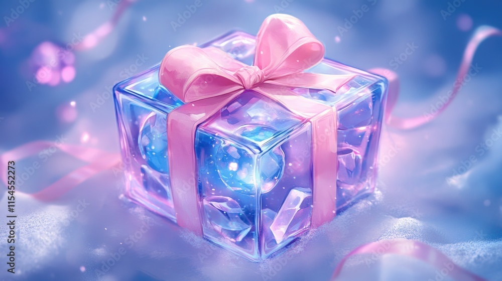 Fototapeta premium Shimmering crystal gift box adorned with pink ribbon on sparkling surface