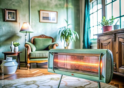 Retro electric space heater warms a vintage living room, deep depth of field showcasing warm interior design. photo