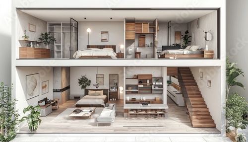 Detailed 3D rendering of the second floor of a residential house, highlighting the staircase, bedrooms, bathrooms, and storage spaces.