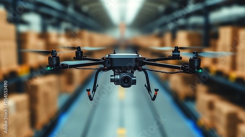 Drone flying in warehouse, inventory management.