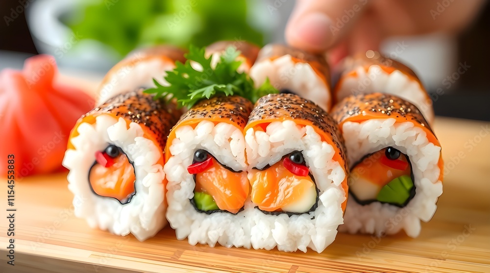 Distinctly split image of adorable salmon sushi forming 2025, divided into bold sections with charming features Distinctly split image of adorable salmon sushi forming 2025, divided into bold sections with charming features