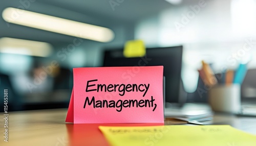 Emergency Management on Sticky Notes Sticky notes marked with "Emergency Management," placed on an office desk, reminding the team of their preparedness duties.