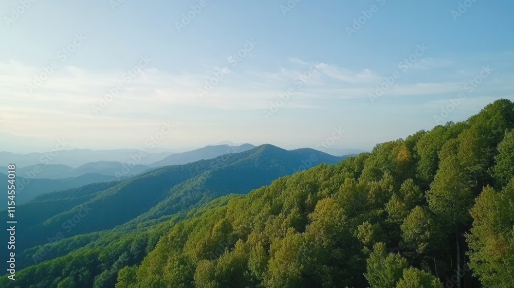 Serene Mountain Landscape with Lush Green Trees and Clear Blue Sky Serene Mountain Landscape with Lush Green Trees and Clear Blue Sky