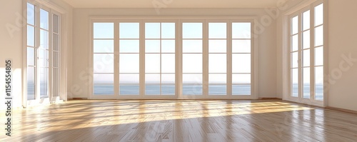 Empty living room with two balconies and glass sliding doors, offering access to fresh air and light in an airy, minimalist space.