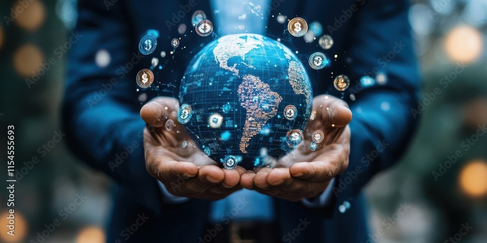 Fototapeta premium A person holds a digital globe, symbolizing global connectivity and technology.