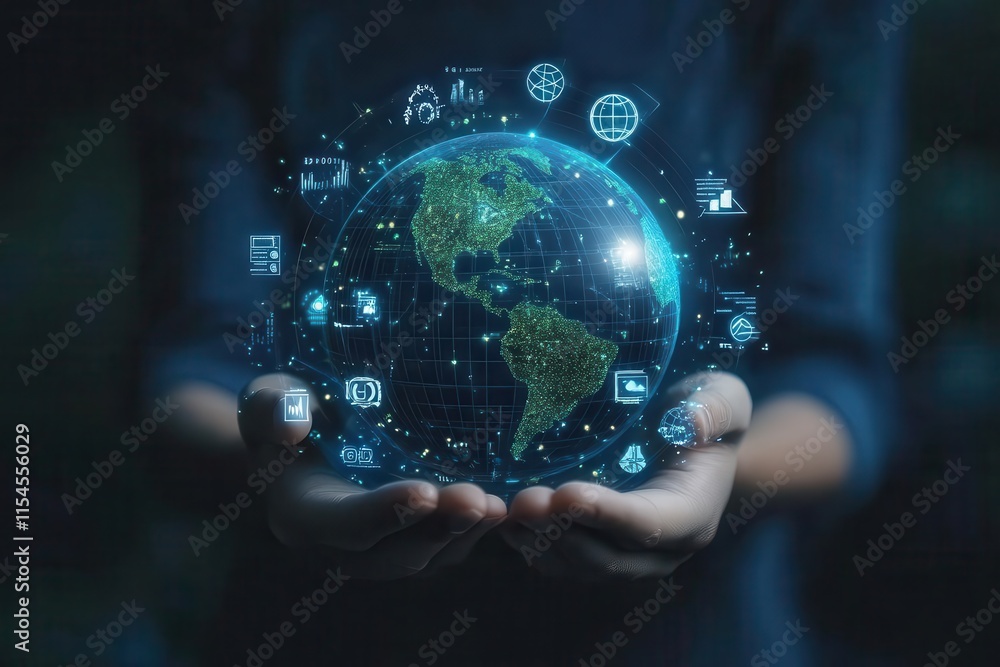 A person holds a glowing globe with digital icons representing global connectivity and data. A person holds a glowing globe with digital icons representing global connectivity and data.